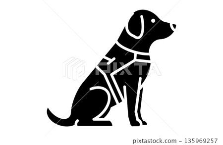 導盲犬圖示：一隻配戴背帶的導盲犬的象形圖，導盲犬是幫助視障人士行走的夥伴。 135969257