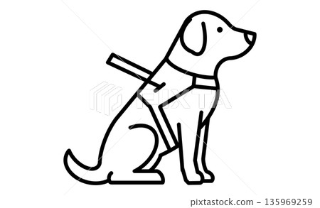 導盲犬圖示：一隻配戴背帶的導盲犬的象形圖，導盲犬是幫助視障人士行走的夥伴。 135969259