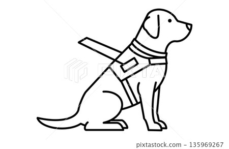 導盲犬圖示：一隻配戴背帶的導盲犬的象形圖，導盲犬是幫助視障人士行走的夥伴。 135969267