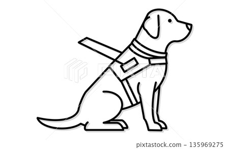 導盲犬圖示：一隻配戴背帶的導盲犬的象形圖，導盲犬是幫助視障人士行走的夥伴。 135969275