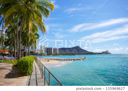Hawaii Waikiki Beach and Diamond Head resort landscape with blue sea and sky copy space Hawaii Waikiki Beach and Diamond Head resort landscape with blue sea and sky copy space 135969627