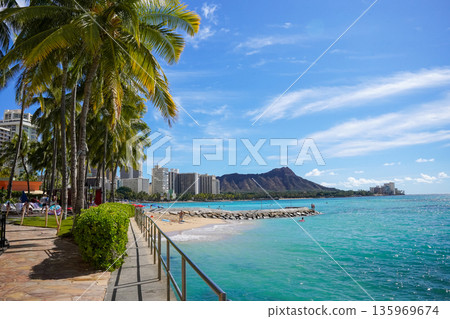 Hawaii Waikiki Beach and Diamond Head resort landscape with blue sea and sky copy space Hawaii Waikiki Beach and Diamond Head resort landscape with blue sea and sky copy space 135969674