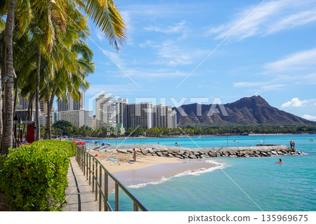 Hawaii Waikiki Beach and Diamond Head resort landscape with blue sea and sky copy space Hawaii Waikiki Beach and Diamond Head resort landscape with blue sea and sky copy space 135969675