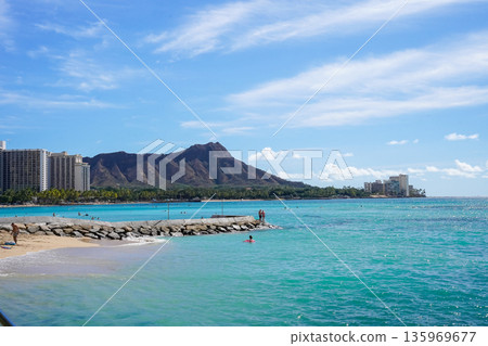 Hawaii Waikiki Beach and Diamond Head resort landscape with blue sea and sky copy space 135969677