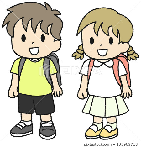 Elementary school students carrying school bags, boys and girls 135969718