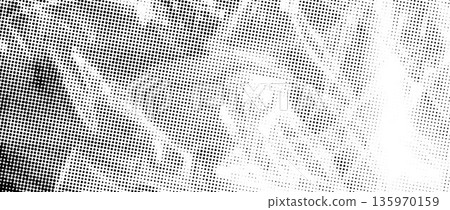 Halftone wrinkled cellophane overlay. Dotted crumpled plastic texture. Bitmap rough creased film background. Old creasy surface in cartoon pop art style. Grainy comic gritty paper wallpaper. Vector 135970159