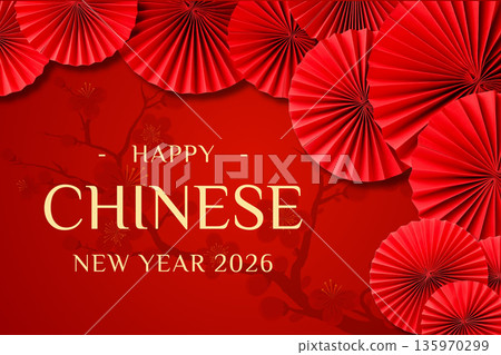 Colorful red fans create a festive backdrop for New Year joy 135970299