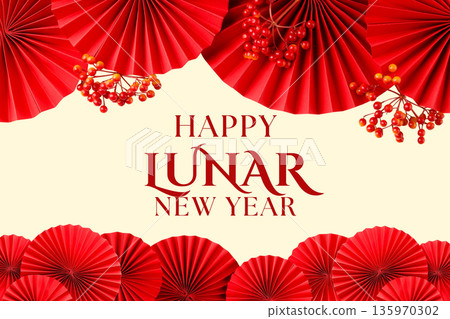 Decorative red fans and flowers celebrate Lunar New Year 135970302