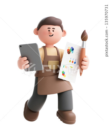 3D cartoon artist character holding tablet, paintbrush, and color chart, isolated on white background 135970731