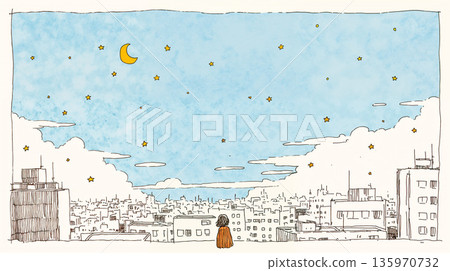 A girl looking at the city and the night sky 135970732