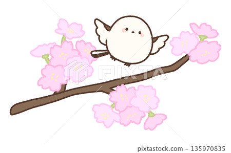 Long cherry blossom branches and a flapping long-tailed tit Long cherry blossom branches and a flapping long-tailed tit 135970835