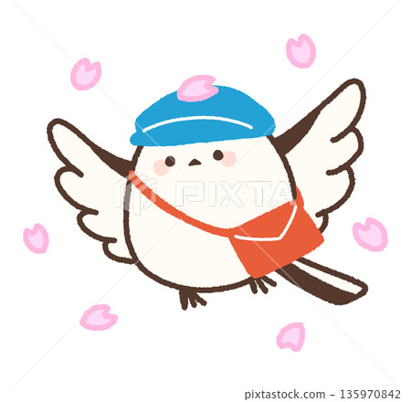 一隻長尾山雀拍打著翅膀，送來櫻花花瓣。 135970842