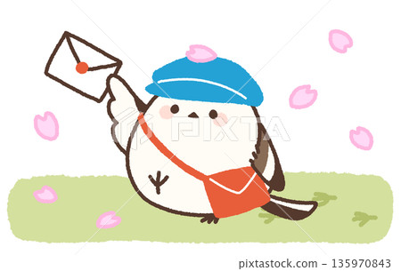 一隻長尾山雀銜著一封信，沿著櫻花飄落的道路走去遞送信件。 135970843