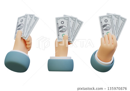3D Cartoon Hand Holding Multiple US One Dollar Bills 135970876