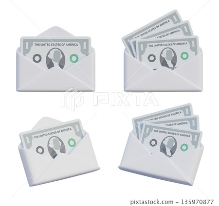 US One Dollar Bills in White Paper Envelope 3D Style US One Dollar Bills in White Paper Envelope 3D Style 135970877