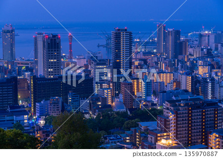 Hyogo Prefecture: Night view of Kobe Venus Bridge and Suwayama Park Observatory before dawn Hyogo Prefecture: Night view of Kobe Venus Bridge and Suwayama Park Observatory before dawn 135970887