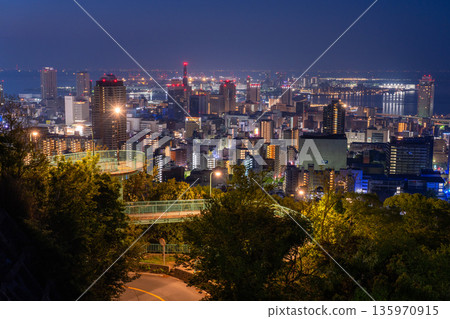 兵庫縣:黎明前神戶維納斯橋與諏訪山公園展望台的夜景 兵庫縣:黎明前神戶維納斯橋與諏訪山公園展望台的夜景 135970915