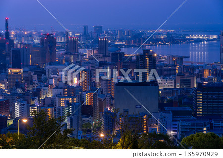 兵庫縣：黎明前神戶維納斯橋與諏訪山公園展望台的夜景 135970929