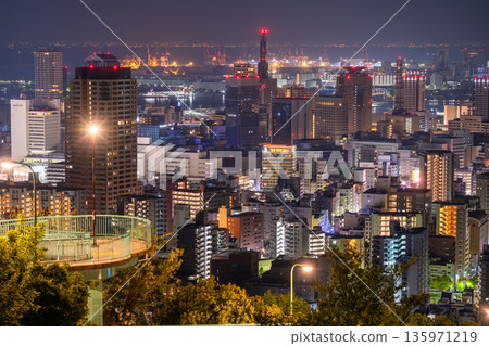 Hyogo Prefecture: Night view of Kobe Venus Bridge and Suwayama Park Observatory before dawn Hyogo Prefecture: Night view of Kobe Venus Bridge and Suwayama Park Observatory before dawn 135971219