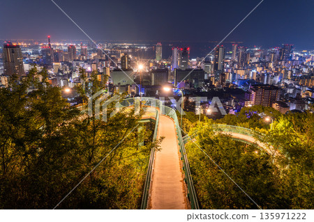 Hyogo Prefecture: Night view of Kobe Venus Bridge and Suwayama Park Observatory before dawn 135971222