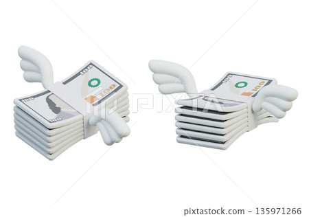 Flying bundle of 100 US dollar banknotes with wings in cartoon 3D style Flying bundle of 100 US dollar banknotes with wings in cartoon 3D style 135971266