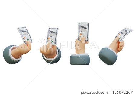 Human hand holding single 100 US dollar banknote in cartoon 3D style 135971267