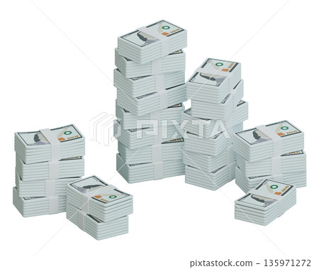 Large pile of stacked 100 US dollar banknote bundles in cartoon 3D style 135971272