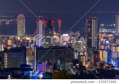 兵庫縣：黎明前神戶維納斯橋與諏訪山公園展望台的夜景 135971389