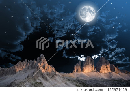 night landscape with stars and moon, milky way and galaxy in the mountains. beautiful nature background. night landscape with stars and moon, milky way and galaxy in the mountains. beautiful nature background. 135971429