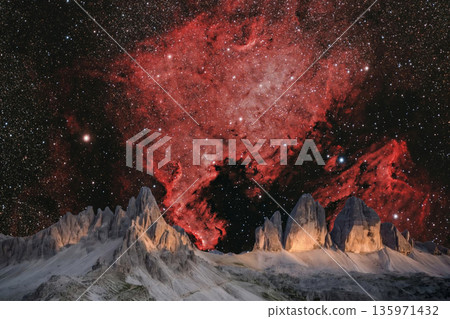 night landscape with stars and moon, milky way and galaxy in the mountains. beautiful nature background. night landscape with stars and moon, milky way and galaxy in the mountains. beautiful nature background. 135971432