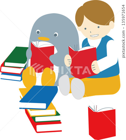 Illustration of a boy and penguin enjoying reading Illustration of a boy and penguin enjoying reading 135971654