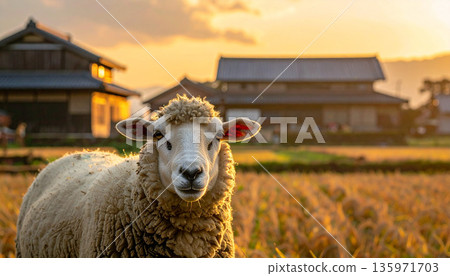 黃昏時分,一隻綿羊的肖像,背景是一棟老房子。 黃昏時分,一隻綿羊的肖像,背景是一棟老房子。 135971703