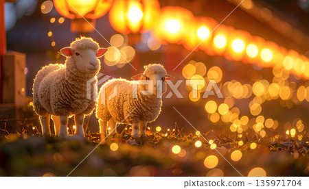 A scene of two sheep and a red lantern in the light of dusk 135971704