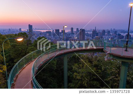 Hyogo Prefecture: Night view of Kobe Venus Bridge and Suwayama Park Observatory before dawn Hyogo Prefecture: Night view of Kobe Venus Bridge and Suwayama Park Observatory before dawn 135971728