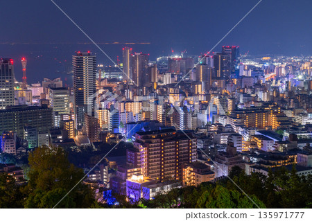 Hyogo Prefecture: Night view of Kobe Venus Bridge and Suwayama Park Observatory before dawn 135971777