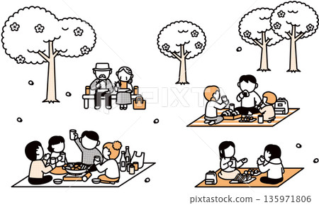 描繪人們欣賞櫻花的插畫集 135971806