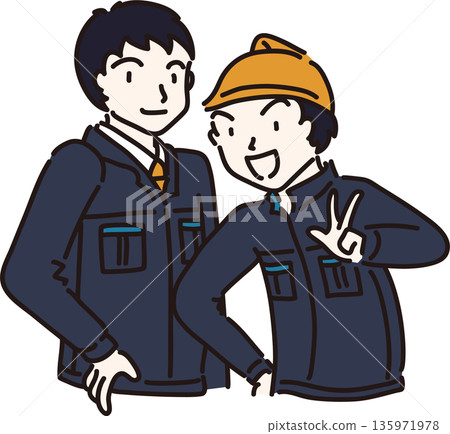 兩名身穿工作服（藏藍色制服）的男子的插圖 135971978