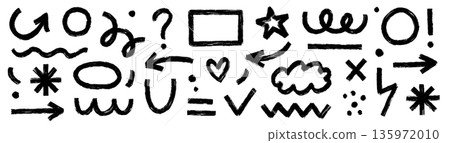Brush arrow shape set. Arrow marker brush stroke forms, abstract organic asterisk, grunge circle elements. Shape with hand drawn scribble sketch graphic art texture background. Vector 135972010