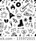 Rock music seamless pattern with guitar, skull, punk symbols. Hand drawn doodle grunge stickers featuring stars, roses and lightning bolts for rock music festival background. Vector 135972015