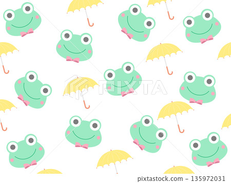 可愛的青蛙臉和黃色雨傘壁紙背景 135972031