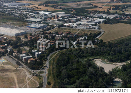 View from the plane of Amazon and Fedex warehouse, Bologna, Italy 135972174