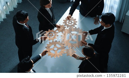 Top view of business team bring filled last cog to complete system. Directorate. Top view of business team bring filled last cog to complete system. Directorate. 135972281