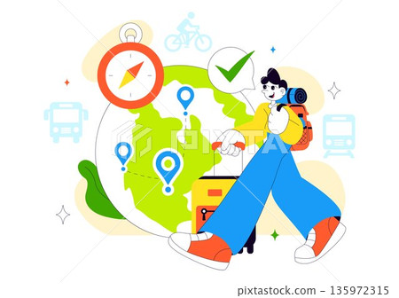 Eco Friendly Travel Lifestyle Vector Illustration Featuring Sustainable Tourism Elements With Green Transportation Flat Cartoon Background 135972315