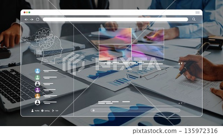 Collaborative Business Meeting with Digital Interface Displaying Charts and Graphs Using Technology and Teamwork to Drive Insightful Decision-Making. Raster Collaborative Business Meeting with Digital Interface Displaying Charts and Graphs Using Technology and Teamwork to Drive Insightful Decision-Making. Raster 135972316