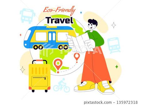 Eco Friendly Travel Lifestyle Vector Illustration Featuring Sustainable Tourism Elements With Green Transportation Flat Cartoon Background 135972318