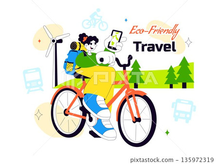 Eco Friendly Travel Lifestyle Vector Illustration Featuring Sustainable Tourism Elements With Green Transportation Flat Cartoon Background Eco Friendly Travel Lifestyle Vector Illustration Featuring Sustainable Tourism Elements With Green Transportation Flat Cartoon Background 135972319