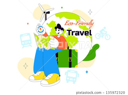 Eco Friendly Travel Lifestyle Vector Illustration Featuring Sustainable Tourism Elements With Green Transportation Flat Cartoon Background 135972320