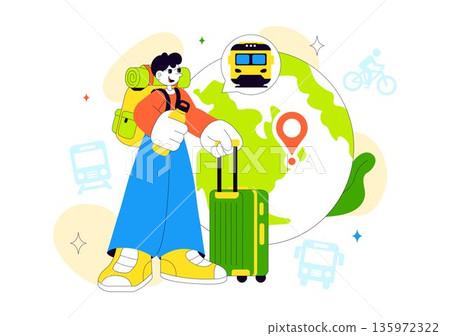 Eco Friendly Travel Lifestyle Vector Illustration Featuring Sustainable Tourism Elements With Green Transportation Flat Cartoon Background 135972322