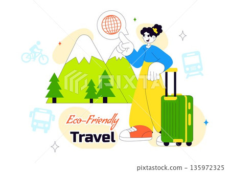Eco Friendly Travel Lifestyle Vector Illustration Featuring Sustainable Tourism Elements With Green Transportation Flat Cartoon Background 135972325