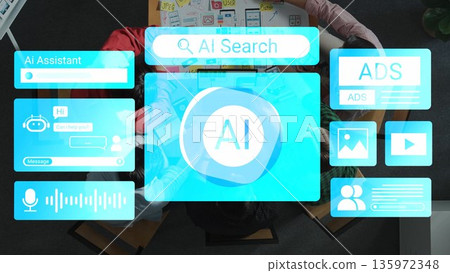 Digital workspace with AI assistant interface showcasing search features and advertisements for modern technology and innovative communication solutions Gluon Digital workspace with AI assistant interface showcasing search features and advertisements for modern technology and innovative communication solutions Gluon 135972348